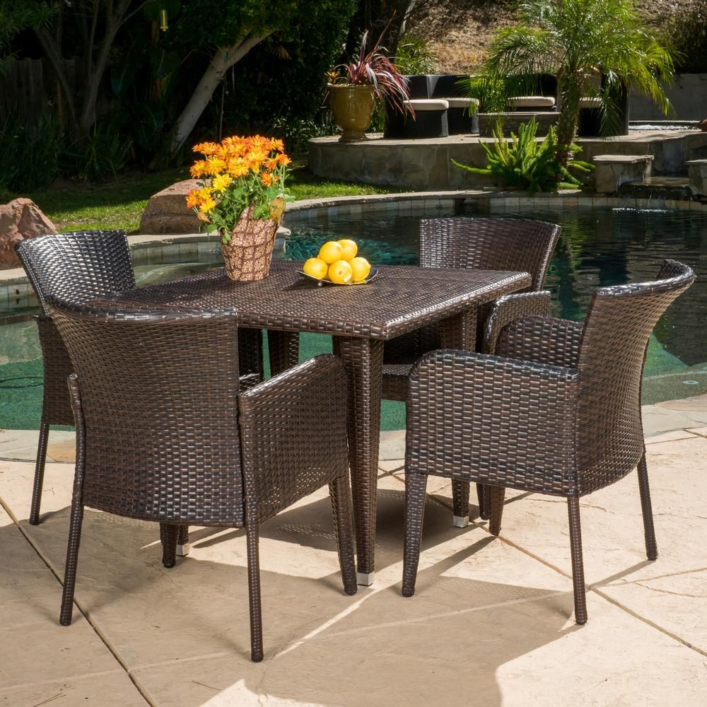 Noble House Faye Multi Brown 5 Piece Wicker Square Outdoor Dining Set Within Recent Faye Dining Tables (View 19 of 25)