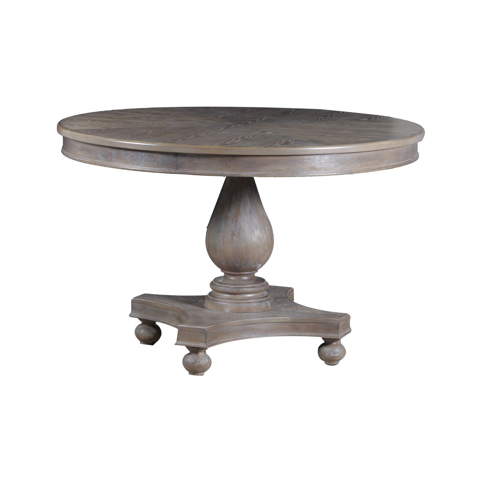 Olivia Round Dining Table – Distressed Gray Wash – Oak In Most Recent Hewn Oak Lorraine Pedestal Extending Dining Tables (View 14 of 25)