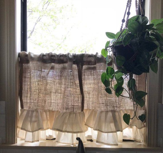 Pair" Natural Burlap Country Farmhouse Cafe Curtain With For Rod Pocket Cotton Solid Color Ruched Ruffle Kitchen Curtains (View 3 of 25)