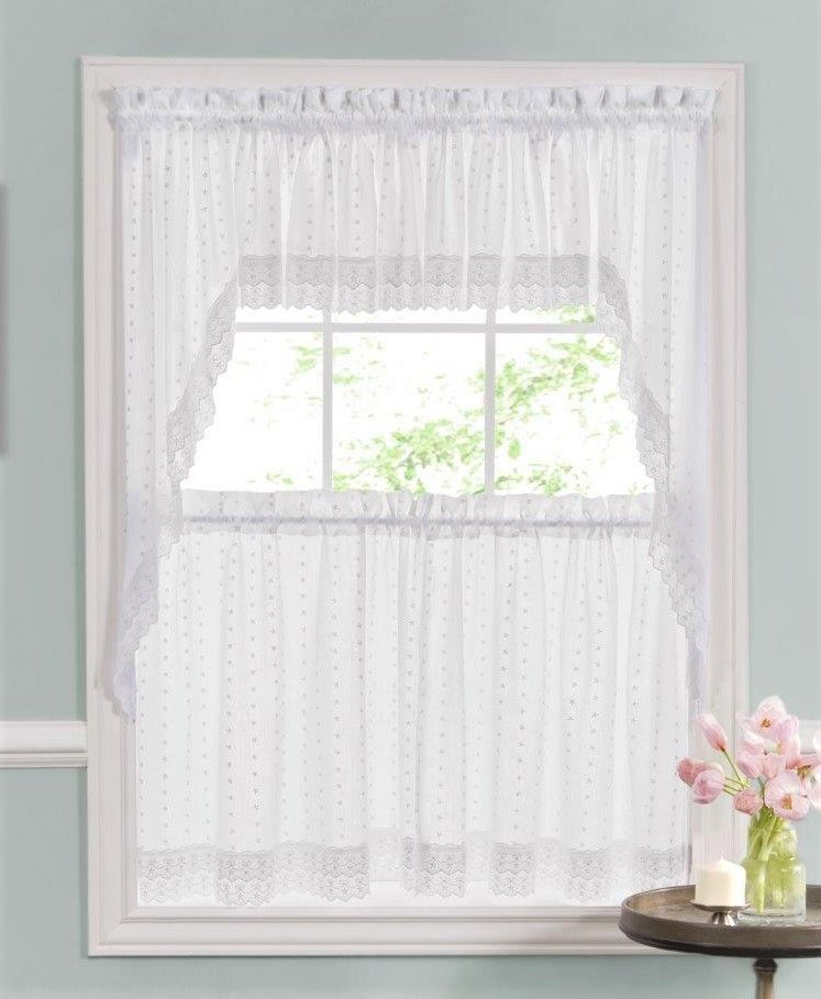 Ribbon Eyelet Embroidered Kitchen Curtain – White For Embroidered Rod Pocket Kitchen Tiers (View 16 of 25)