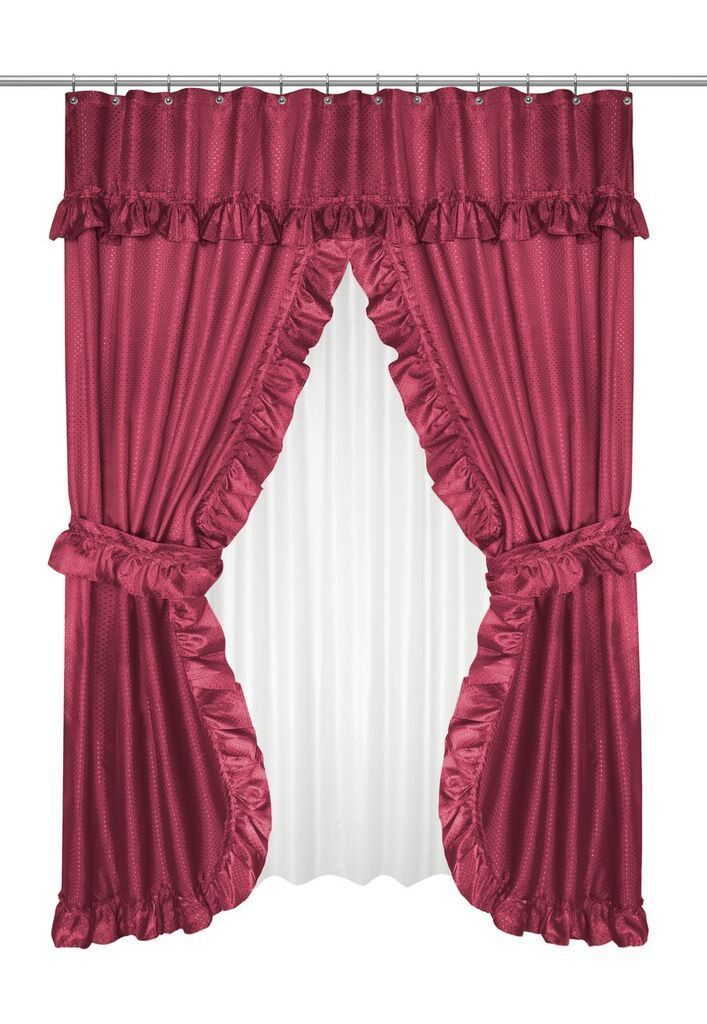 Ruffled Double Swag Shower Curtain With Valance & Tie Backs Regarding Silver Vertical Ruffled Waterfall Valance And Curtain Tiers (View 10 of 25)