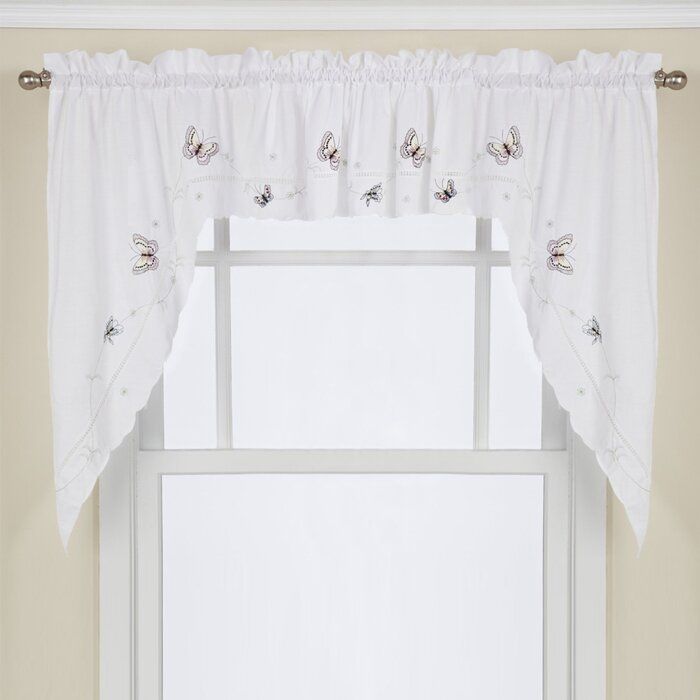 Schlater Embroidered Butterfly Kitchen 29" Swag Curtain Valance Within Abby Embroidered 5 Piece Curtain Tier And Swag Sets (View 9 of 25)