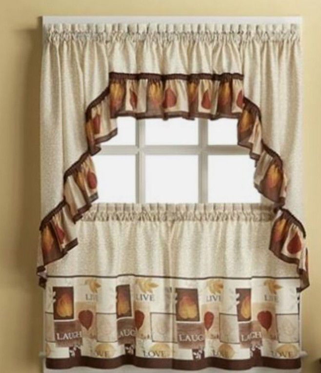 Sentiments Live Laugh Love Kitchen Tiers & Swag Valance For Cotton Classic Toast Window Pane Pattern And Crotchet Trim Tiers (View 6 of 25)
