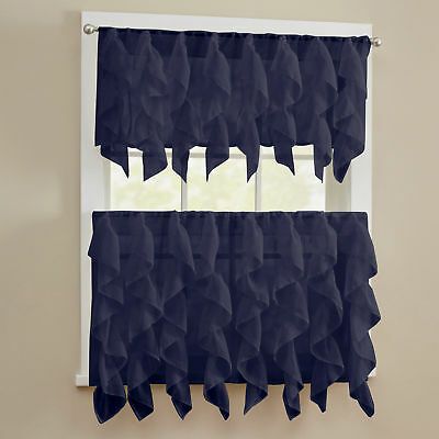 Sheer Voile Vertical Ruffle Window Kitchen Curtain Tiers Or Valance Navy |  Ebay Inside Chic Sheer Voile Vertical Ruffled Window Curtain Tiers (View 13 of 25)