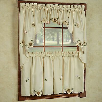 Sunflower Cream Embroidered Kitchen Curtains – Tiers Valance Or Swag | Ebay Throughout Embroidered Rod Pocket Kitchen Tiers (View 6 of 25)