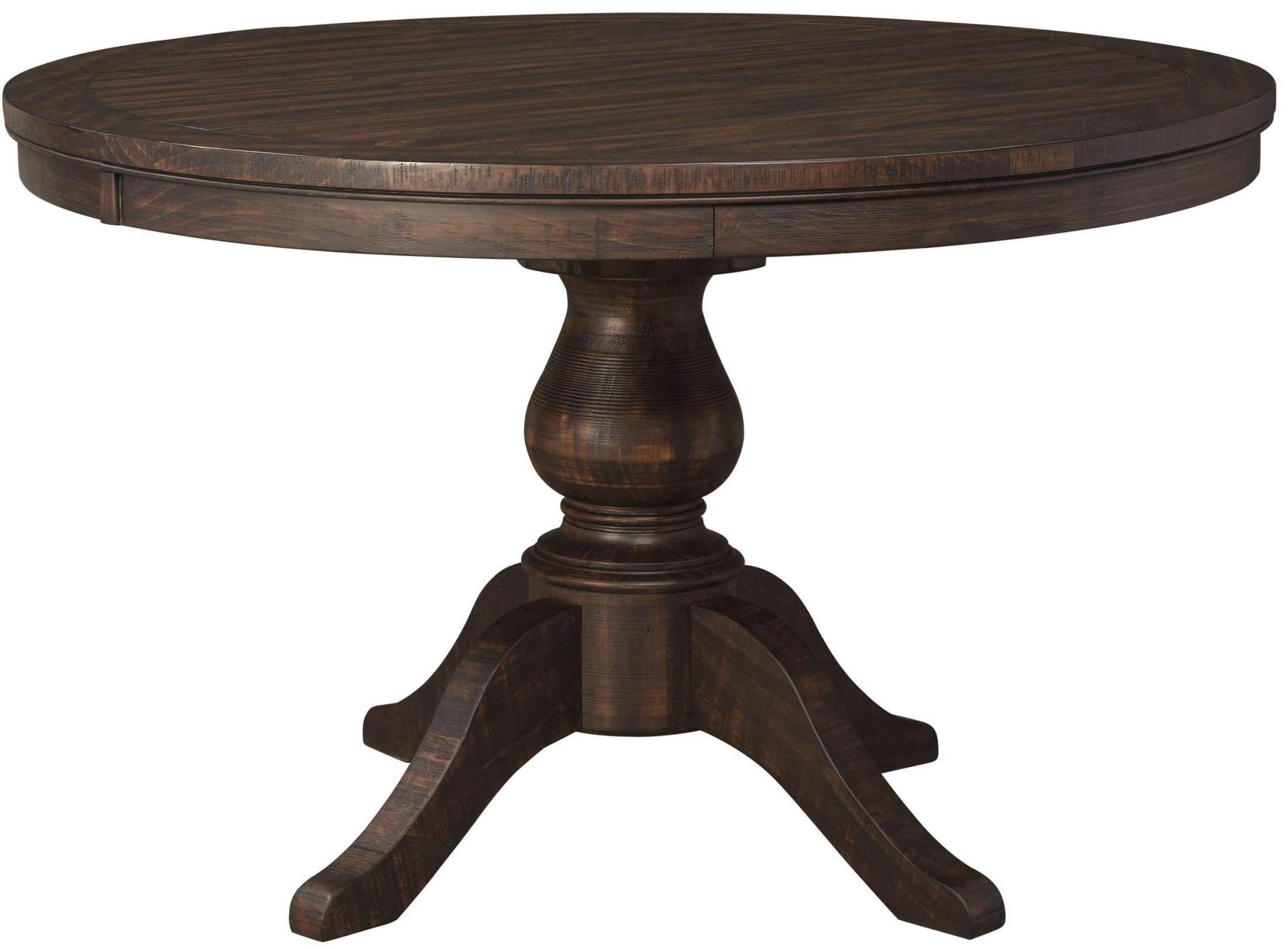 Trudell Dark Brown Round Extendable Pedestal Dining Table Throughout Recent Rustic Brown Lorraine Pedestal Extending Dining Tables (Photo 3 of 25)