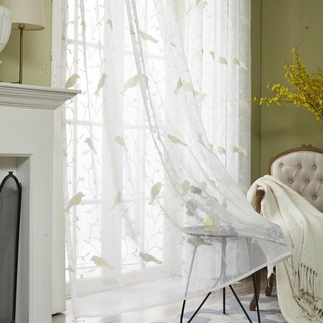 Vogol Rod Pocket Sheer Curtains Elegant Embroidered Bird Design Off White  Window Inside Embroidered Rod Pocket Kitchen Tiers (View 7 of 25)