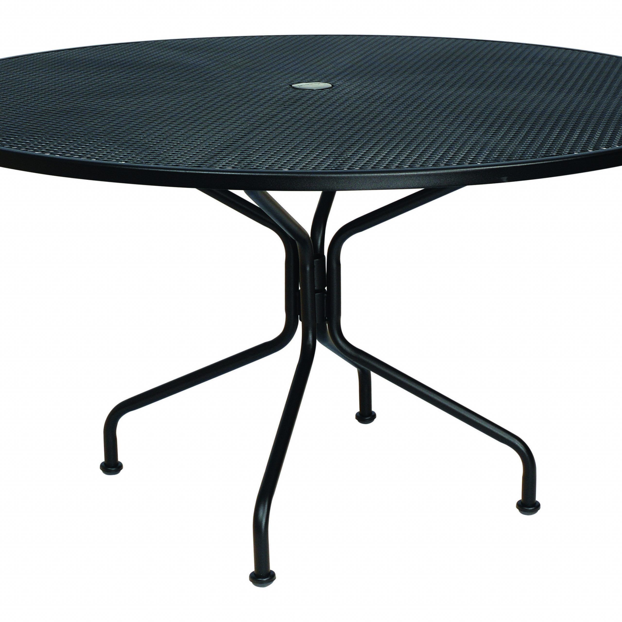 Woodard Wrought Iron 54 Round 8 Spoke Table With Umbrella Hole Pertaining To Latest Aztec Round Pedestal Dining Tables (View 22 of 25)