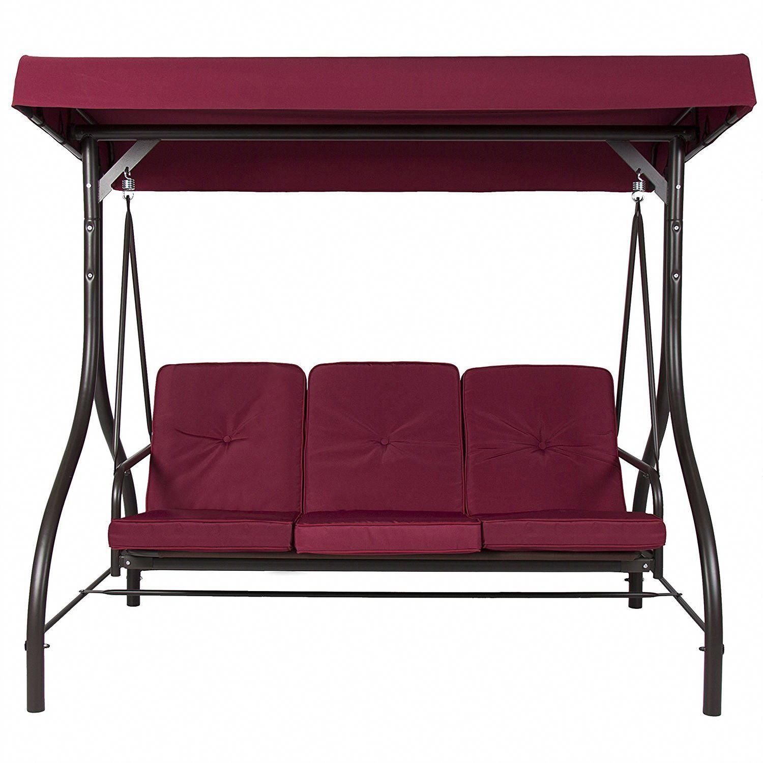 Burgundy Outdoor Patio Deck Porch Canopy Swing With Cushions Pertaining To Outdoor Canopy Hammock Porch Swings With Stand (View 1 of 25)