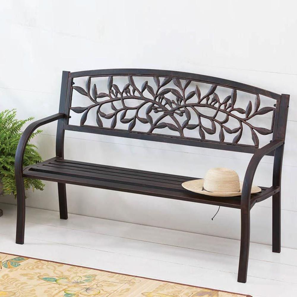 Cape Craftsman 50.5 In. Cast Vine Metal Outdoor Bench Within Iron Grove Slatted Glider Benches (Photo 13 of 26)