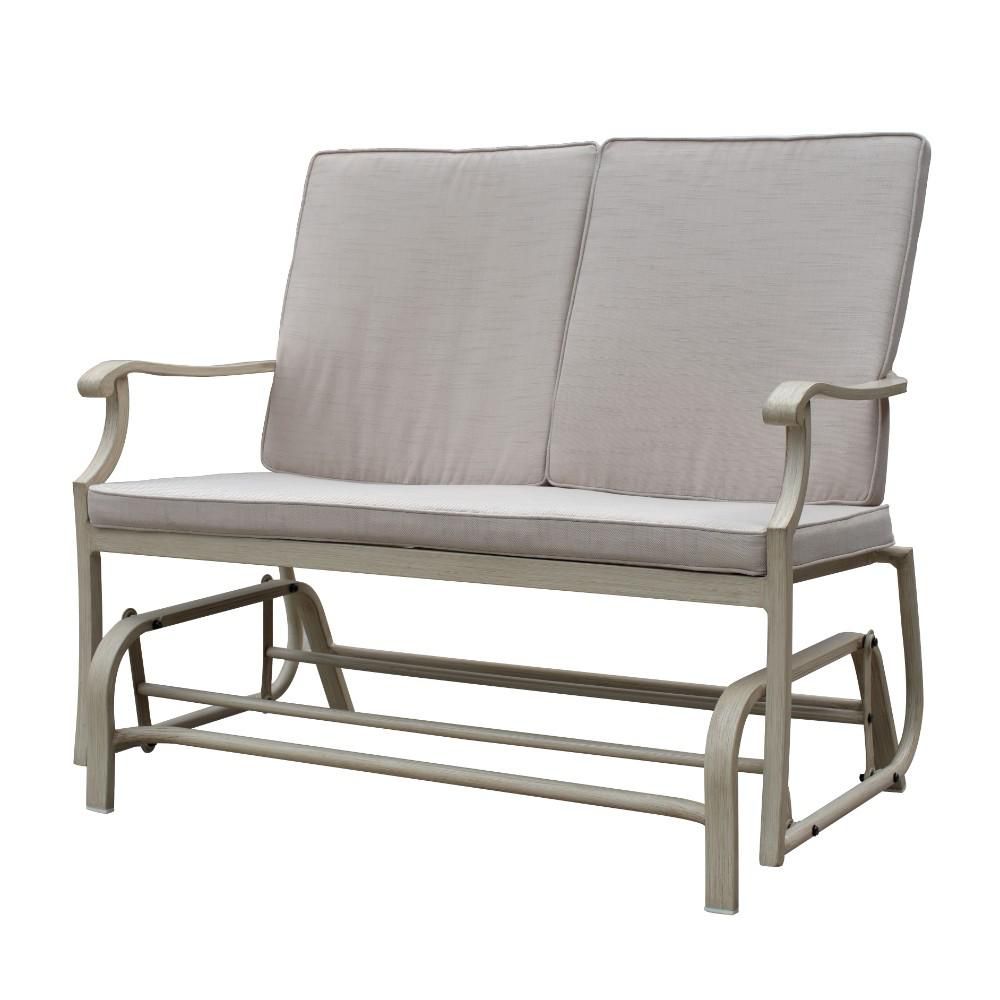 Courtyard Casual 29 In. Aluminum Outdoor Double Glider With Beige Cushions Inside Double Glider Benches With Cushion (Photo 11 of 25)