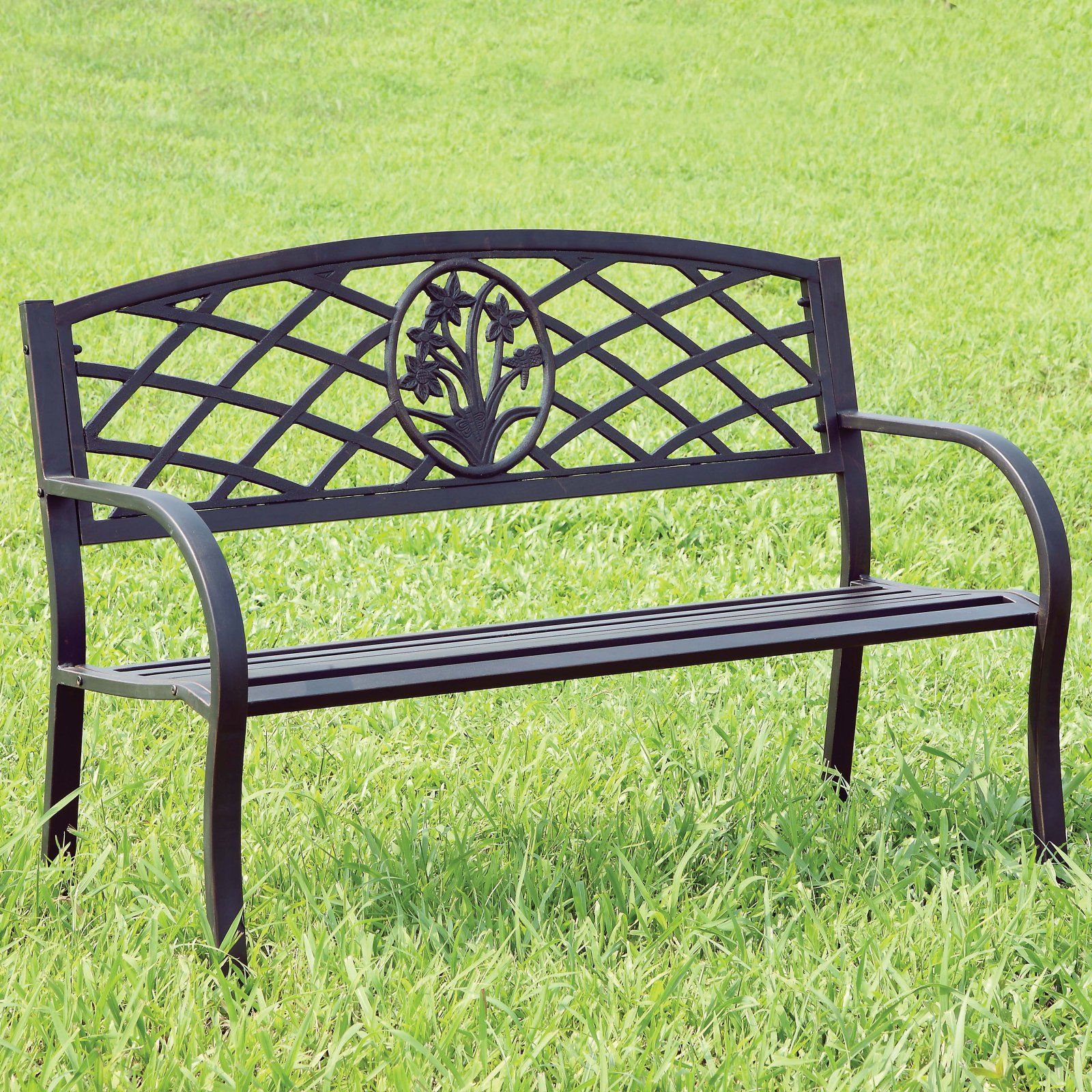 Fentana 50 In. Black Powder Coated Floral Outdoor Metal In Black Steel Patio Swing Glider Benches Powder Coated (Photo 5 of 25)
