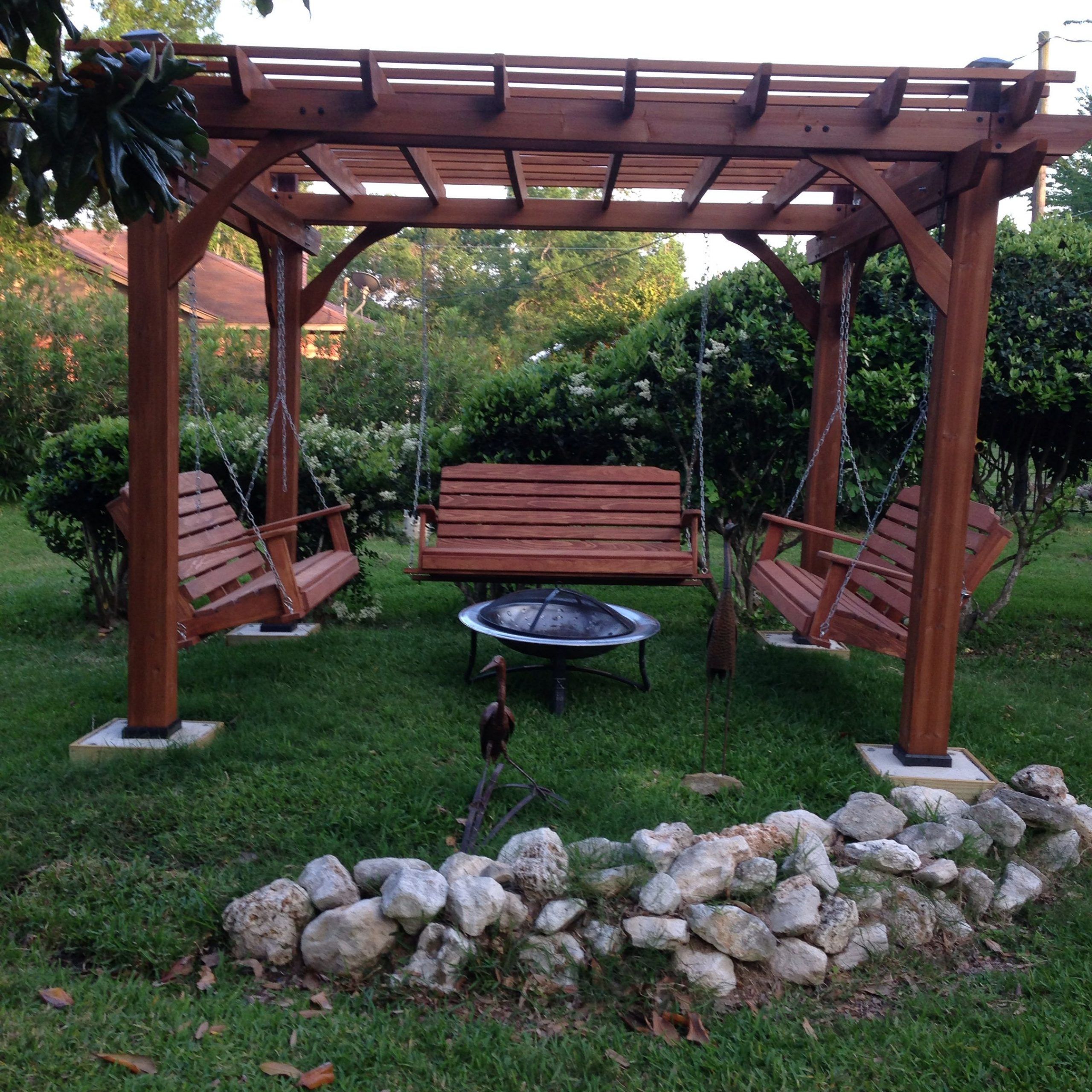 Great Outdoor Area With Pergola, Swings And Fire Pit For Patio Gazebo Porch Swings (View 2 of 25)