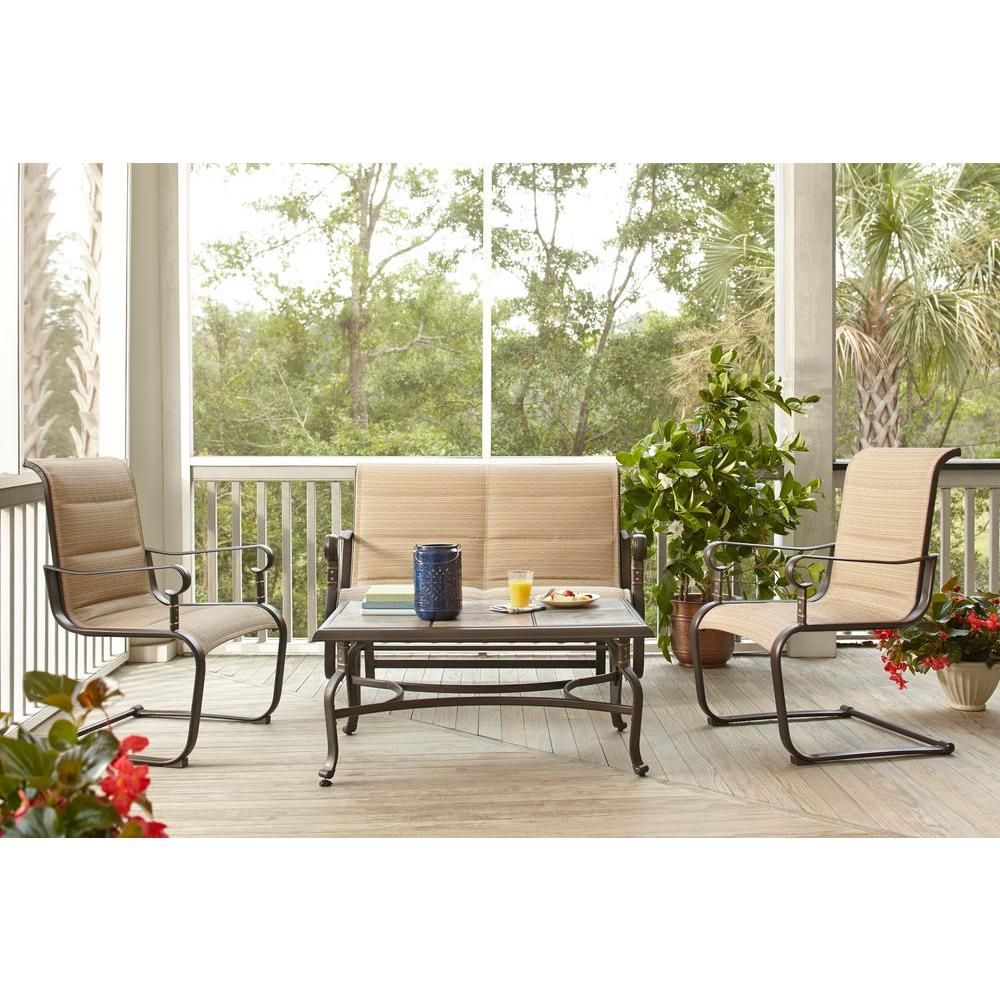 Hampton Bay Belleville Padded Sling 4 Piece Patio Seating Set With Padded Sling Loveseats With Cushions (View 18 of 25)