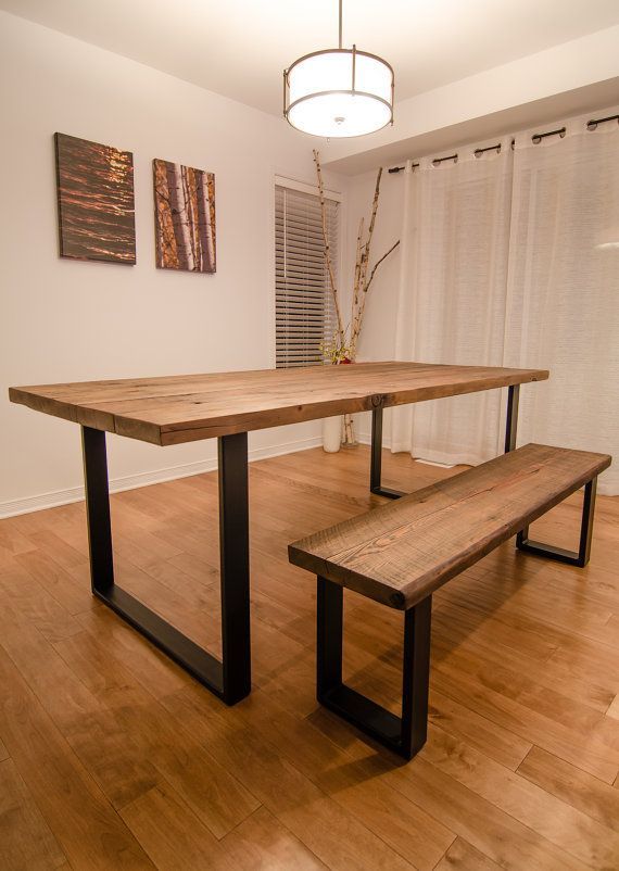 Industrial Reclaimed Wood Dining Table And Bench Pertaining To Iron Wood Dining Tables With Metal Legs (View 4 of 25)