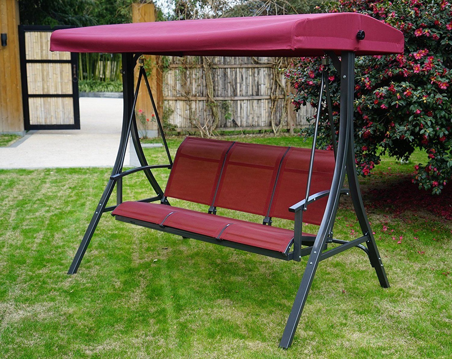 Kozyard Brenda 3 Person Outdoor Patio Swing With Strong Regarding 3 Person Red With Brown Powder Coated Frame Steel Outdoor Swings (Photo 11 of 25)