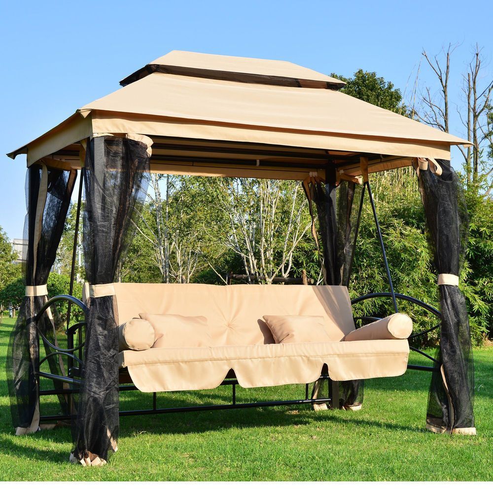 Large Garden Gazebo Swing Seat Bench Hammock Canopy Cushions Throughout Canopy Patio Porch Swing With Stand (Photo 5 of 25)