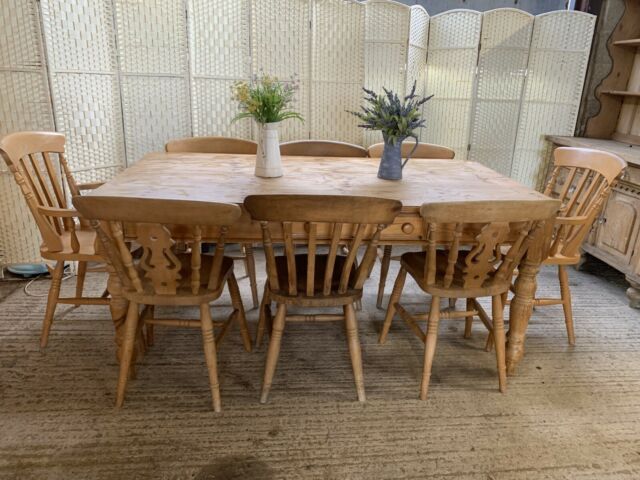 Large Vintage Pine Farmhouse Dining Table And 8 Country Chairs 6Ft Kitchen  2X1M In Large Rustic Look Dining Tables (View 25 of 25)