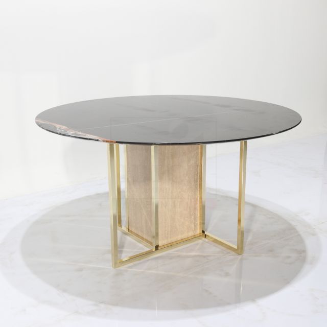 Minesota Table In Black Guinea Marble – Dining Table With Round Marble Top  And Steel And Marble Base Regarding Modern Glass Top Extension Dining Tables In Matte Black (View 11 of 25)