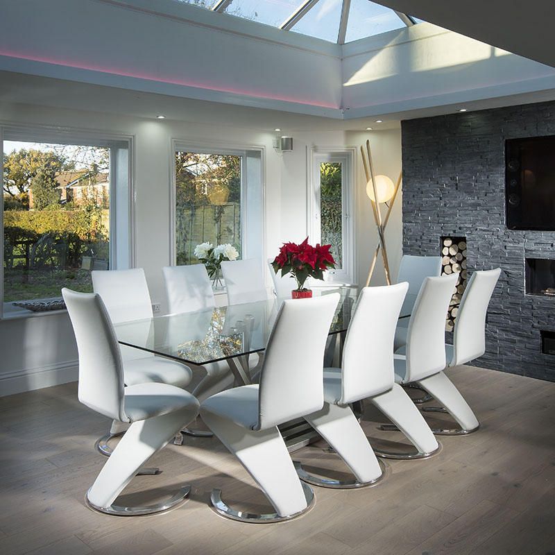 Modern Large 10 Seater Glass Stainless Steel Dining Table Throughout Modern Glass Top Extension Dining Tables In Stainless (View 4 of 25)