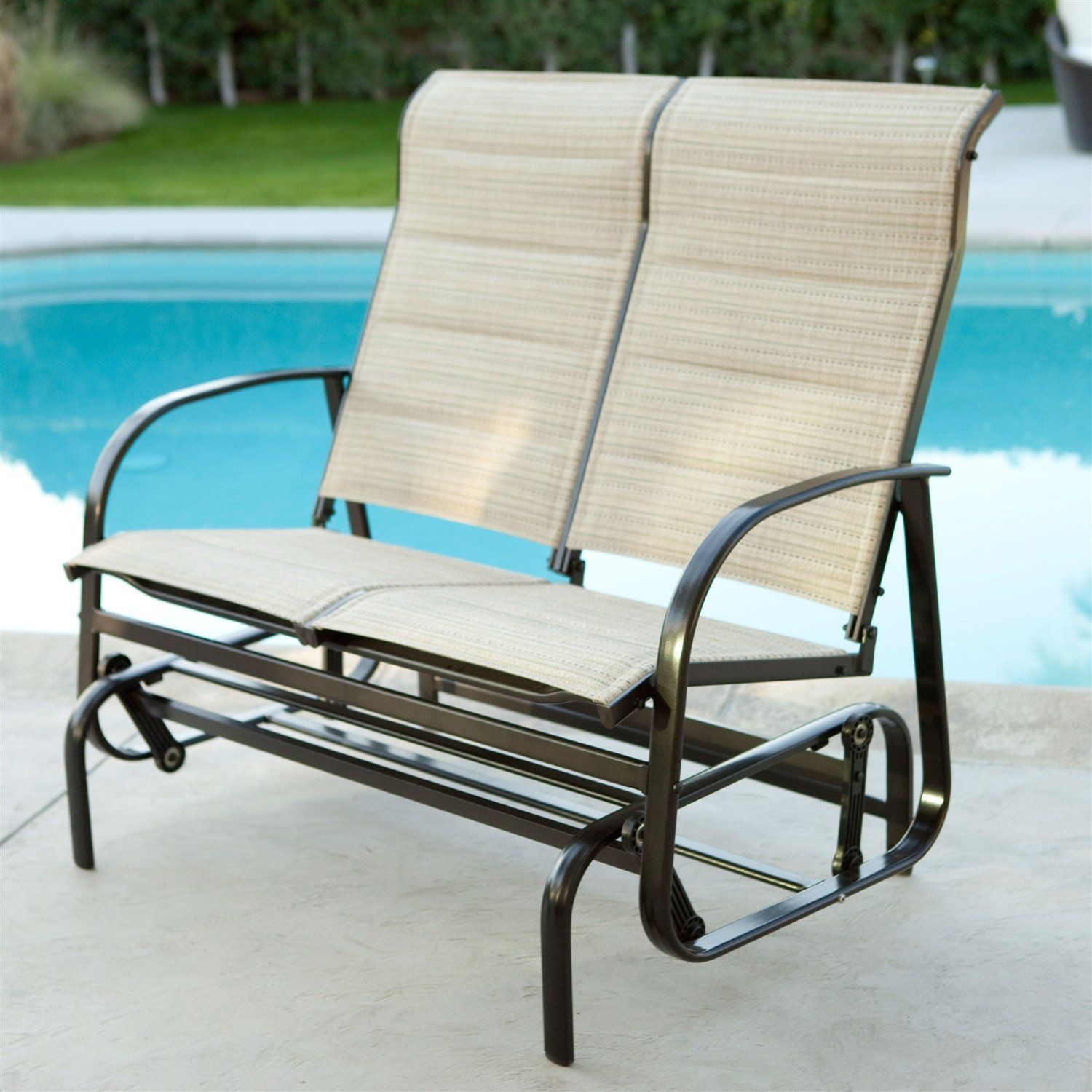 Outdoor Glider Patio Chair Loveseat With Padded Sling Seats Throughout Padded Sling Loveseats With Cushions (Photo 17 of 25)