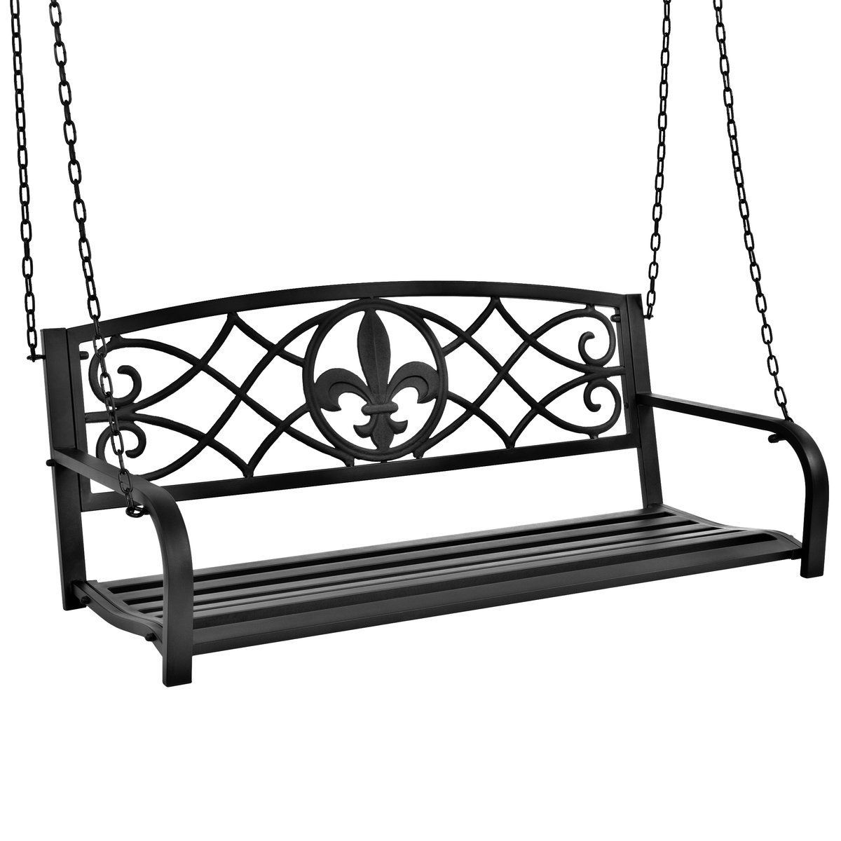 Outdoor Metal Hanging 2 Person Swing Bench W/ Fleur De Lis Pertaining To Vineyard 2 Person Black Recycled Plastic Outdoor Swings (Photo 1 of 25)