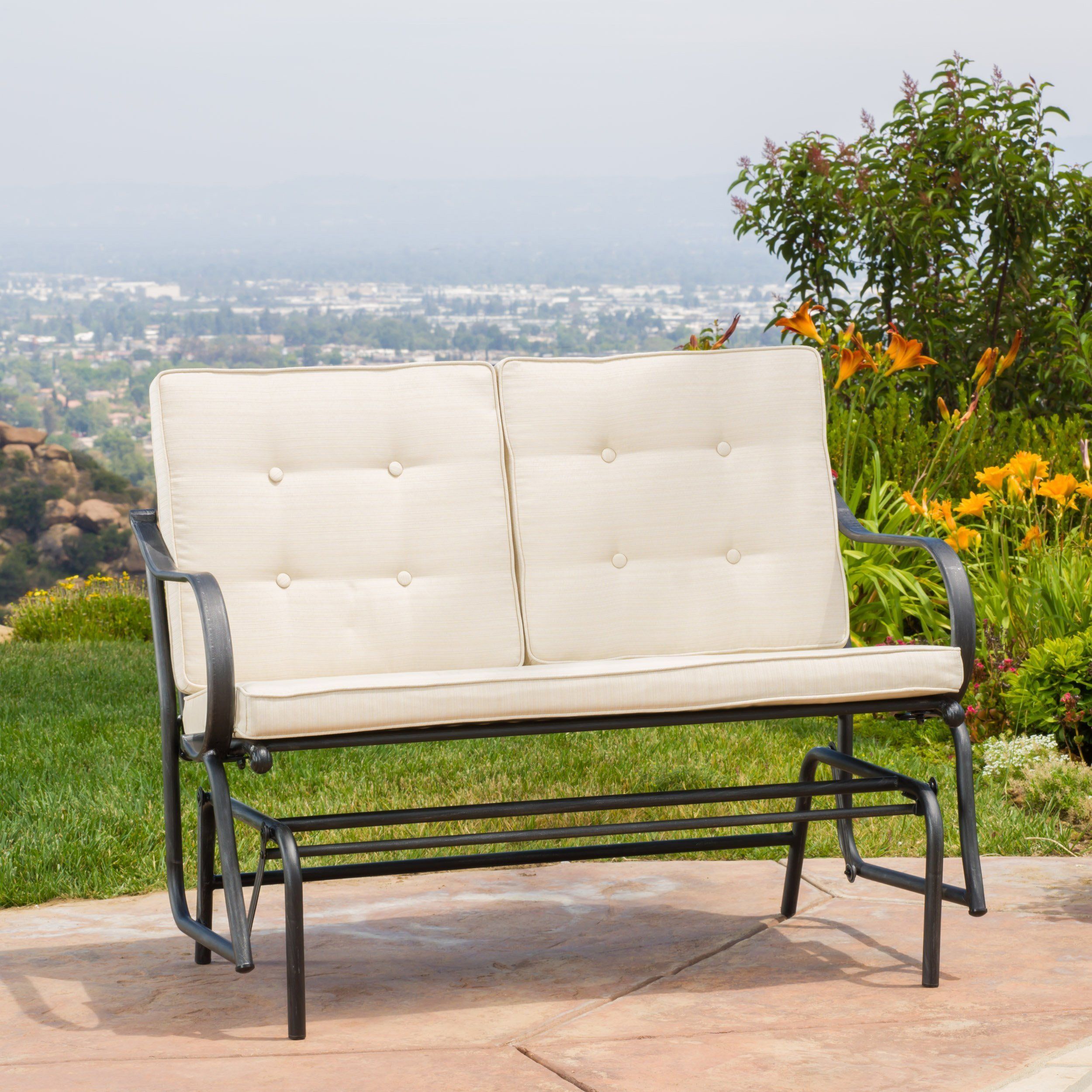 Outdoor Patio Metal Rocker Glider Bench With Beige Cushions Pertaining To Rocking Glider Benches With Cushions (Photo 1 of 25)
