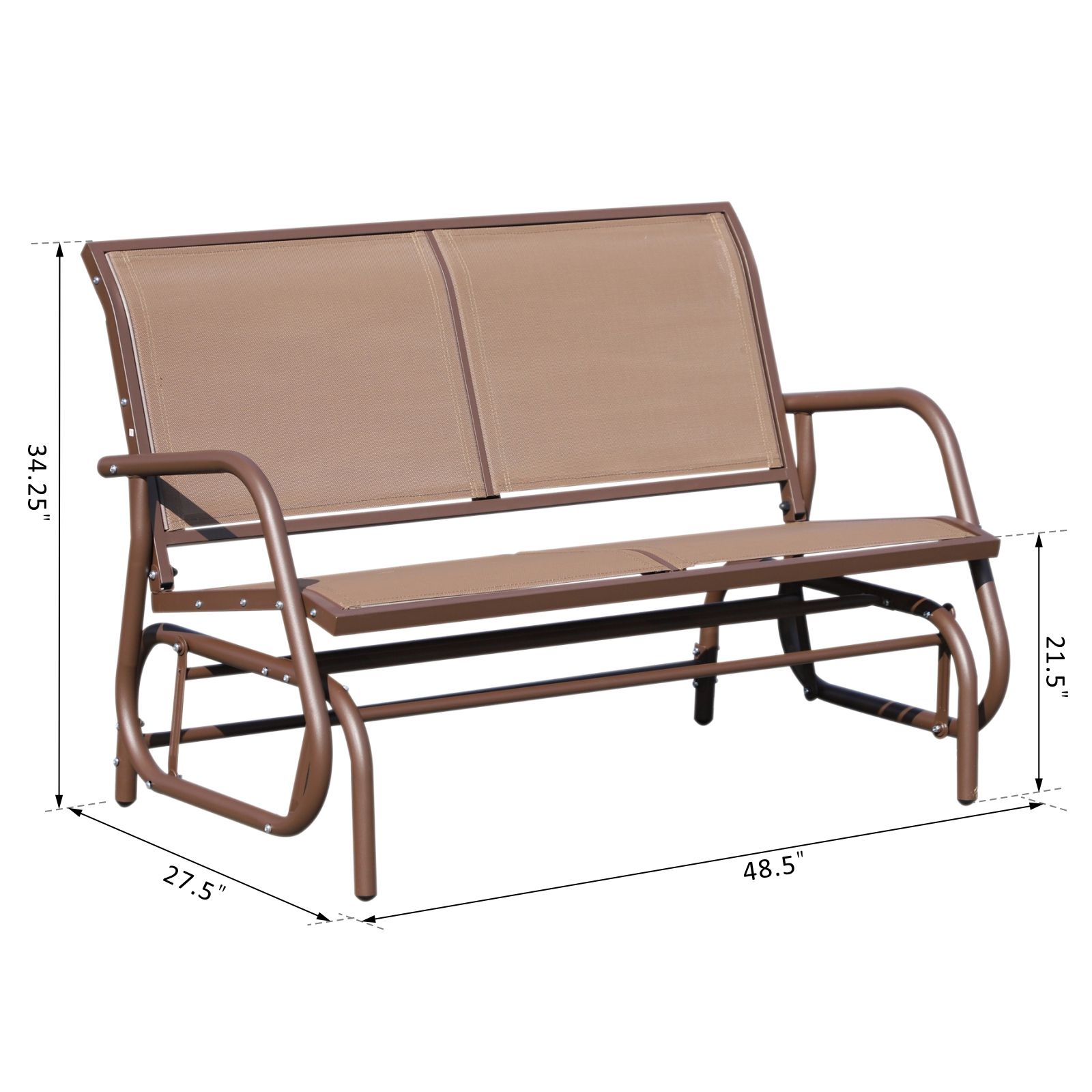 Outsunny Patio Double Glider Outdoor Steel Sling Fabric Bench Swing Chair R  Heavy Duty Porch Rocker Garden Loveseat Brown For Outdoor Fabric Glider Benches (Photo 12 of 25)