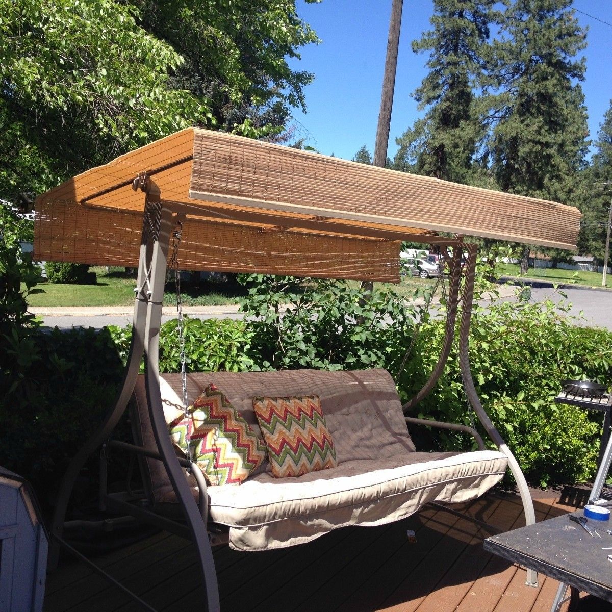 Replacing The Canopy On A Patio Swing | Thriftyfun With 3 Seats Patio Canopy Swing Gliders Hammock Cushioned Steel Frame (Photo 21 of 25)
