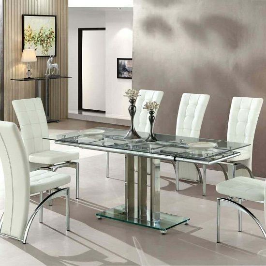 Rihanna Extending Glass Dining Table In Clear And Chrome Support Throughout Chrome Contemporary Square Casual Dining Tables (View 7 of 25)