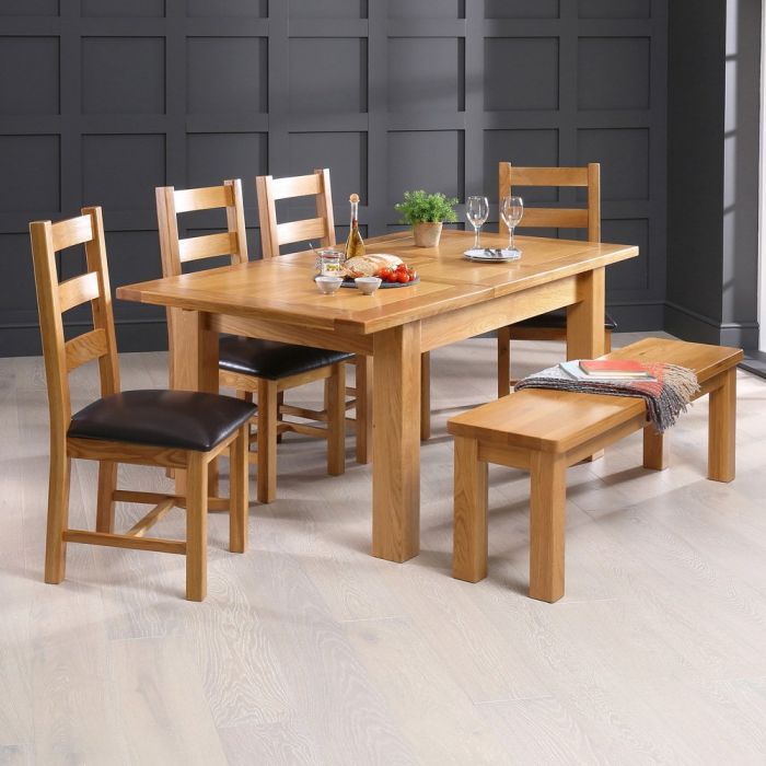 Solid Oak Medium Extending Dining Table + Bench + 4 Ladder Back Chair Set Throughout Medium Dining Tables (View 4 of 25)