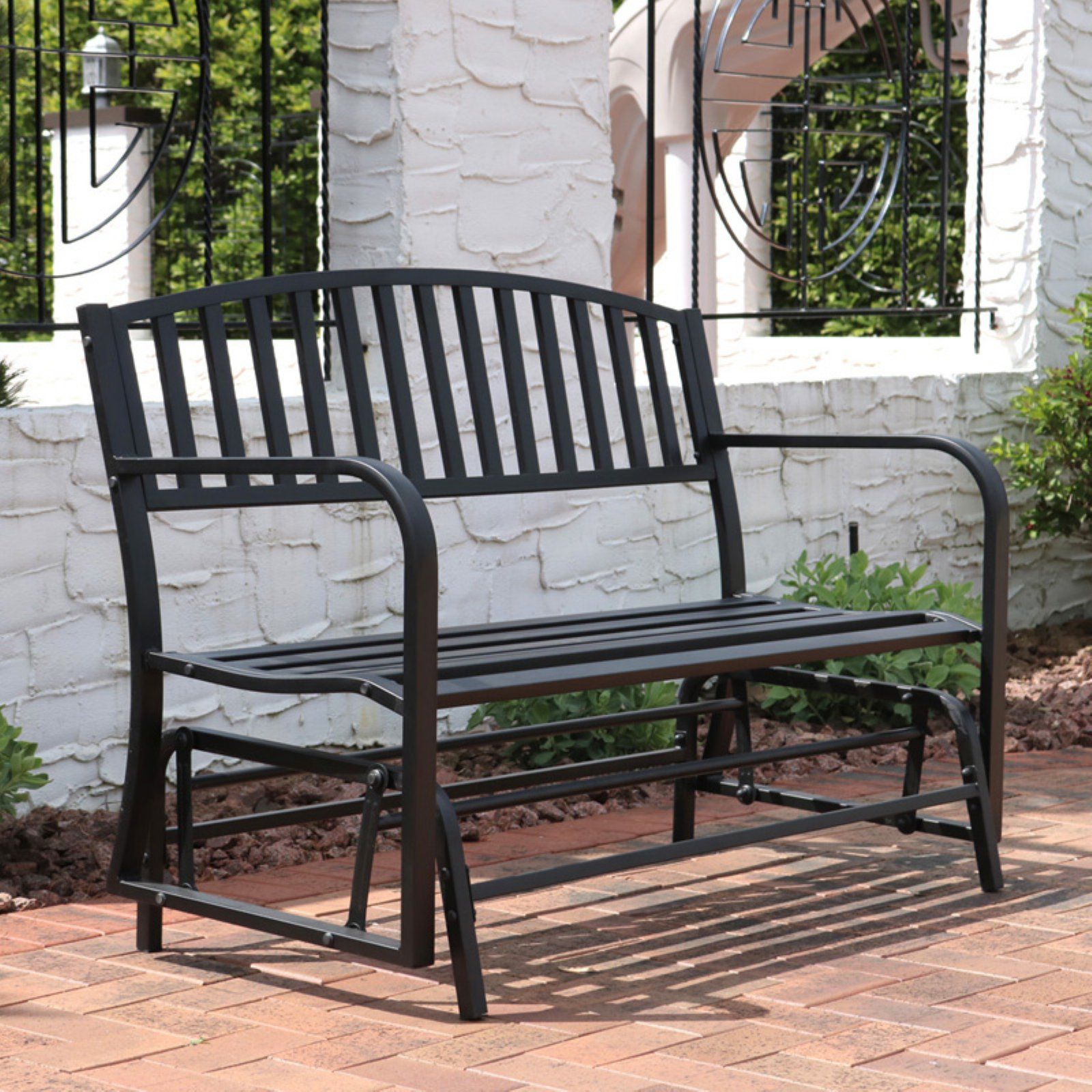 Sunnydaze Decor 4 Ft. Steel Outdoor Glider Bench – Black For Iron Grove Slatted Glider Benches (Photo 10 of 26)