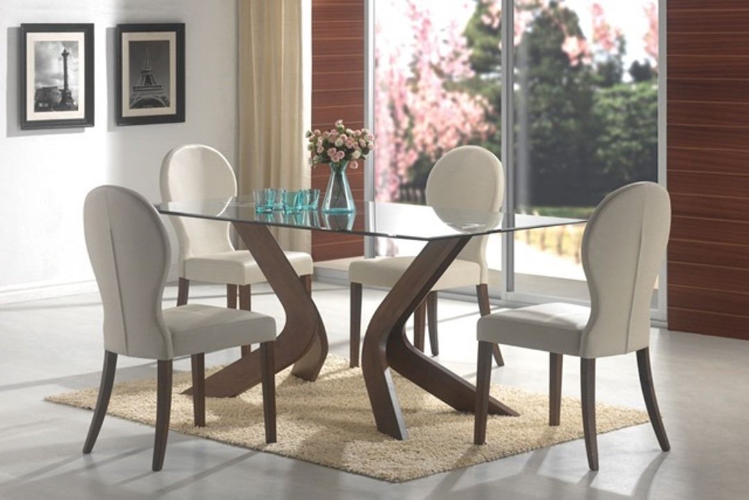 Walnut Rectangular Glass Top Dining Table Set Throughout Rectangular Glass Top Dining Tables (View 18 of 25)