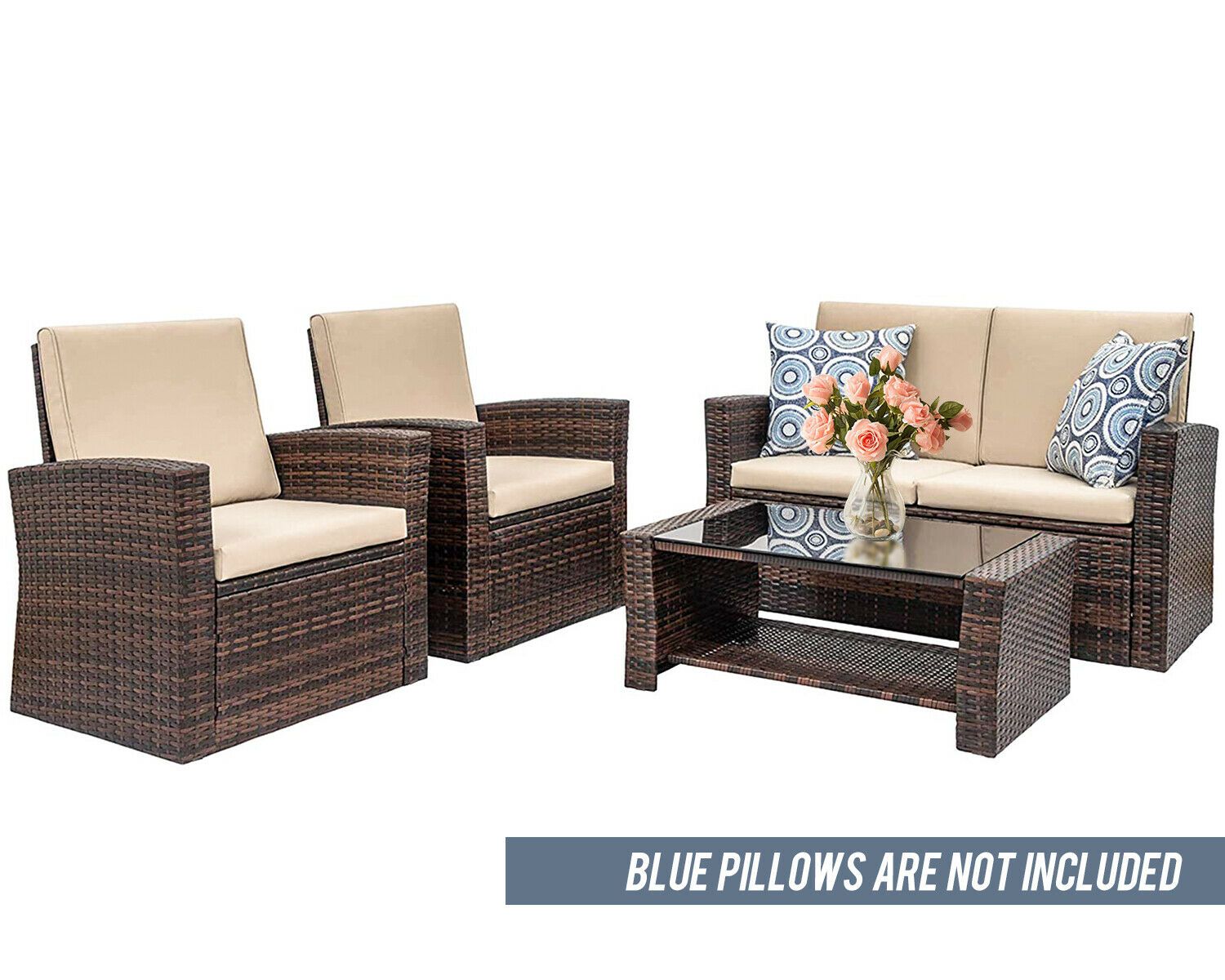 4 Pieces Outdoor Patio Furniture Sets Sectional Sofa Rattan Chair Wicker Set Throughout Wicker Tete A Tete Benches (Photo 25 of 25)