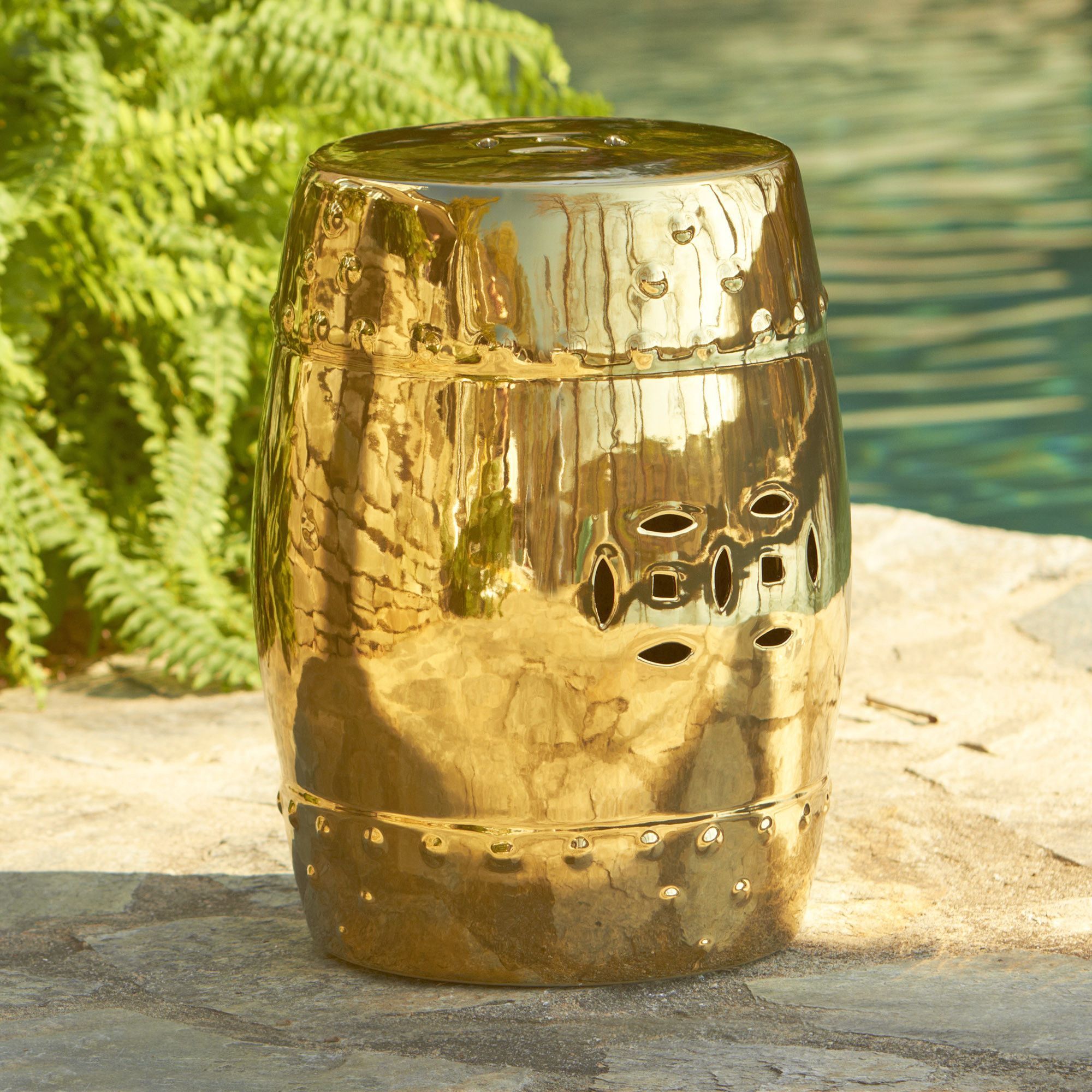Embossed Dot Garden Stool, Gold | A Raised Dot Pattern Trims Within Fifi Ceramic Garden Stools (View 16 of 25)