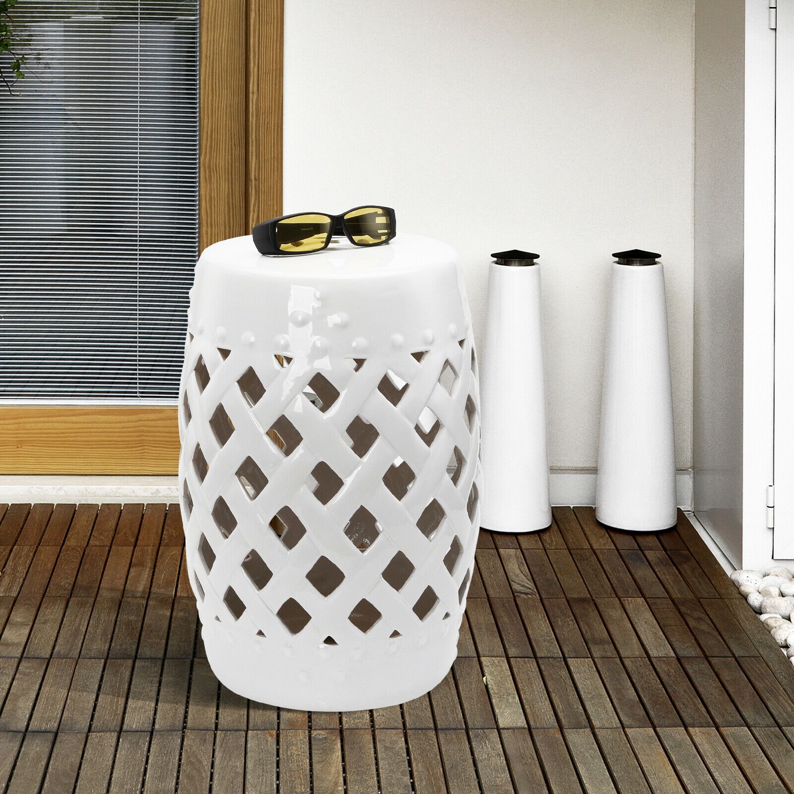 Outsunny Modern Ceramic Lattice Garden Stool Accent Table Decorative White Intended For Standwood Metal Garden Stools (View 7 of 25)