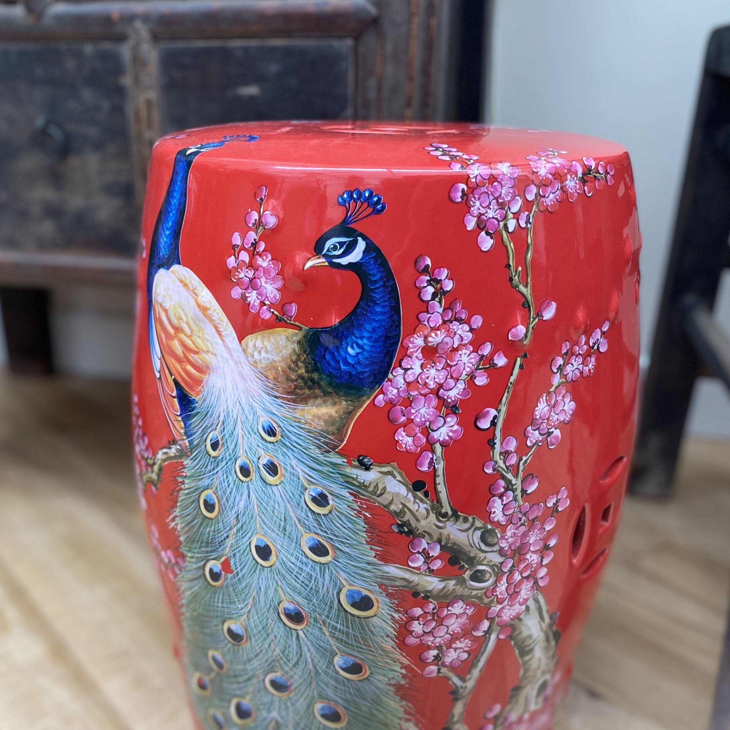 Red Ceramic Stool With Peacocks In 2020 | Ceramic Stool In Maci Tropical Birds Garden Stools (View 9 of 25)