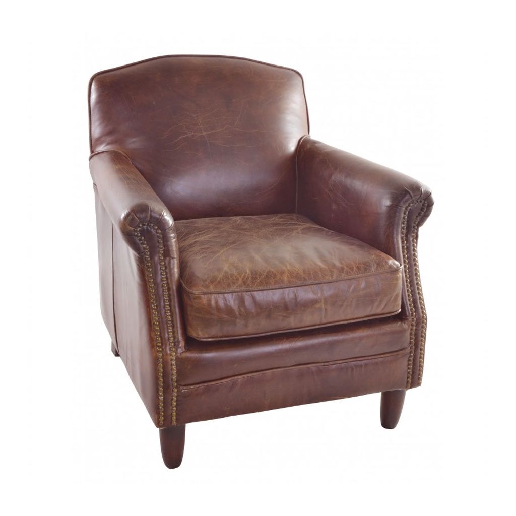 Vintage Leather Studded Front Leather Armchair With Wooden Legs In Selby Armchairs (View 15 of 15)