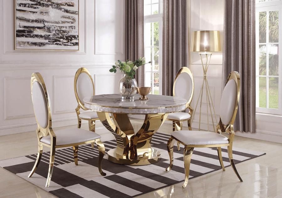 190381 5 Pc Kendall Gold Stainless Metal Base Round Marble In 2018 Naz 51.25'' Pedestal Dining Tables (Photo 9 of 15)