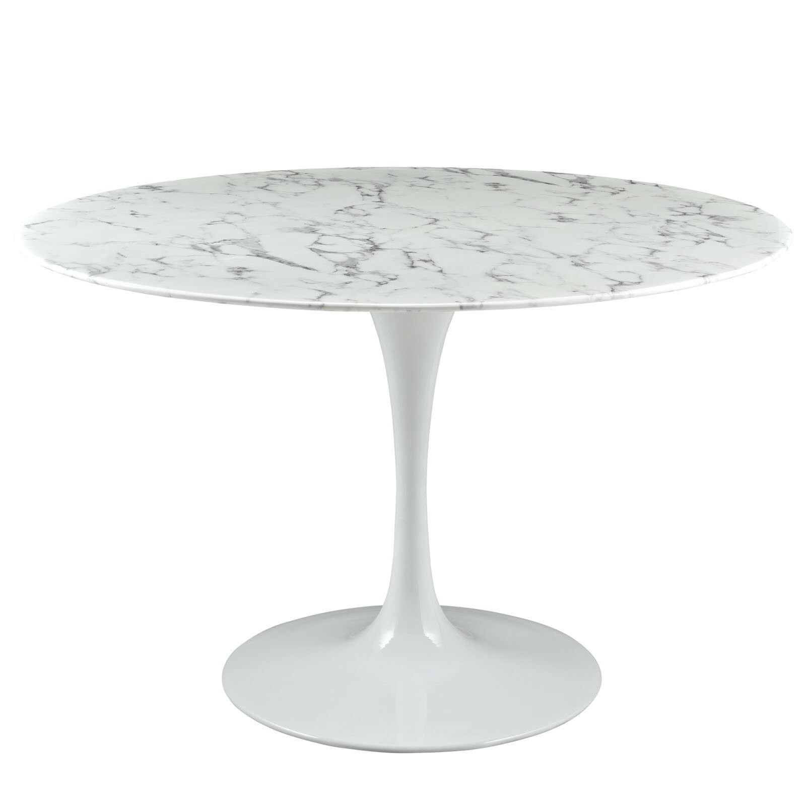 Mid Century Modern 47" Round Marbled Top White Metal Regarding Most Up To Date Wilkesville 47&#039;&#039; Pedestal Dining Tables (View 1 of 15)