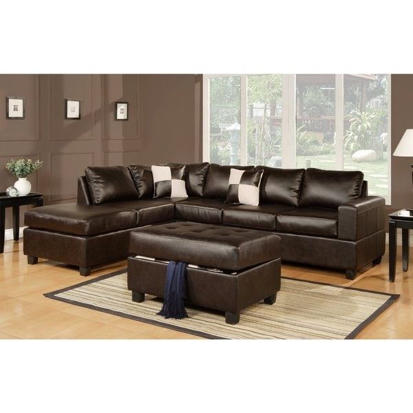 3 Piece Modern Brown Bonded Leather Reversible Sectional With 3Pc Faux Leather Sectional Sofas Brown (View 8 of 15)