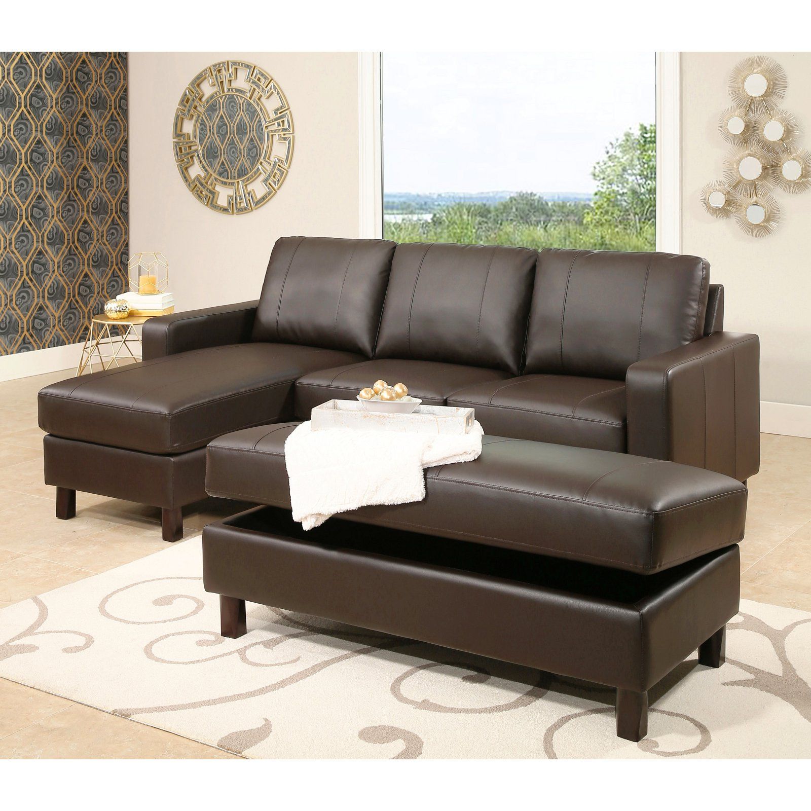 Abbyson Cedar Leather Reversible Sectional Sofa With With Copenhagen Reversible Small Space Sectional Sofas With Storage (View 10 of 15)