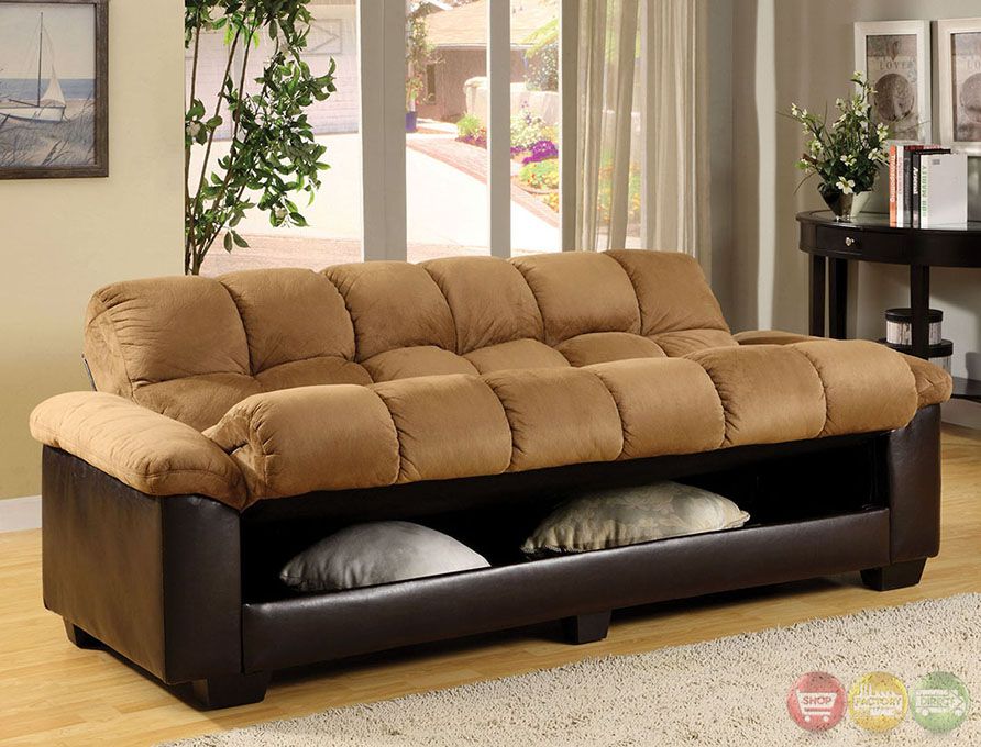 Anya Elephant Skin Microfiber Tan&Dark Brown Futon Sofa With Liberty Sectional Futon Sofas With Storage (View 9 of 15)