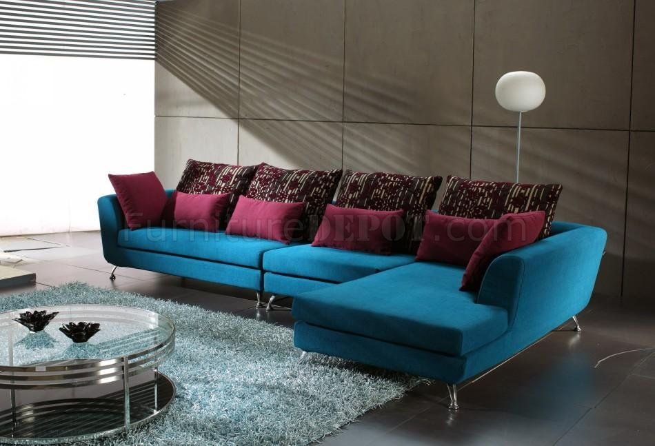 Blue Fabric Modern Sectional Sofa W/Contrasting Pillows With Regard To Mireille Modern And Contemporary Fabric Upholstered Sectional Sofas (View 4 of 15)
