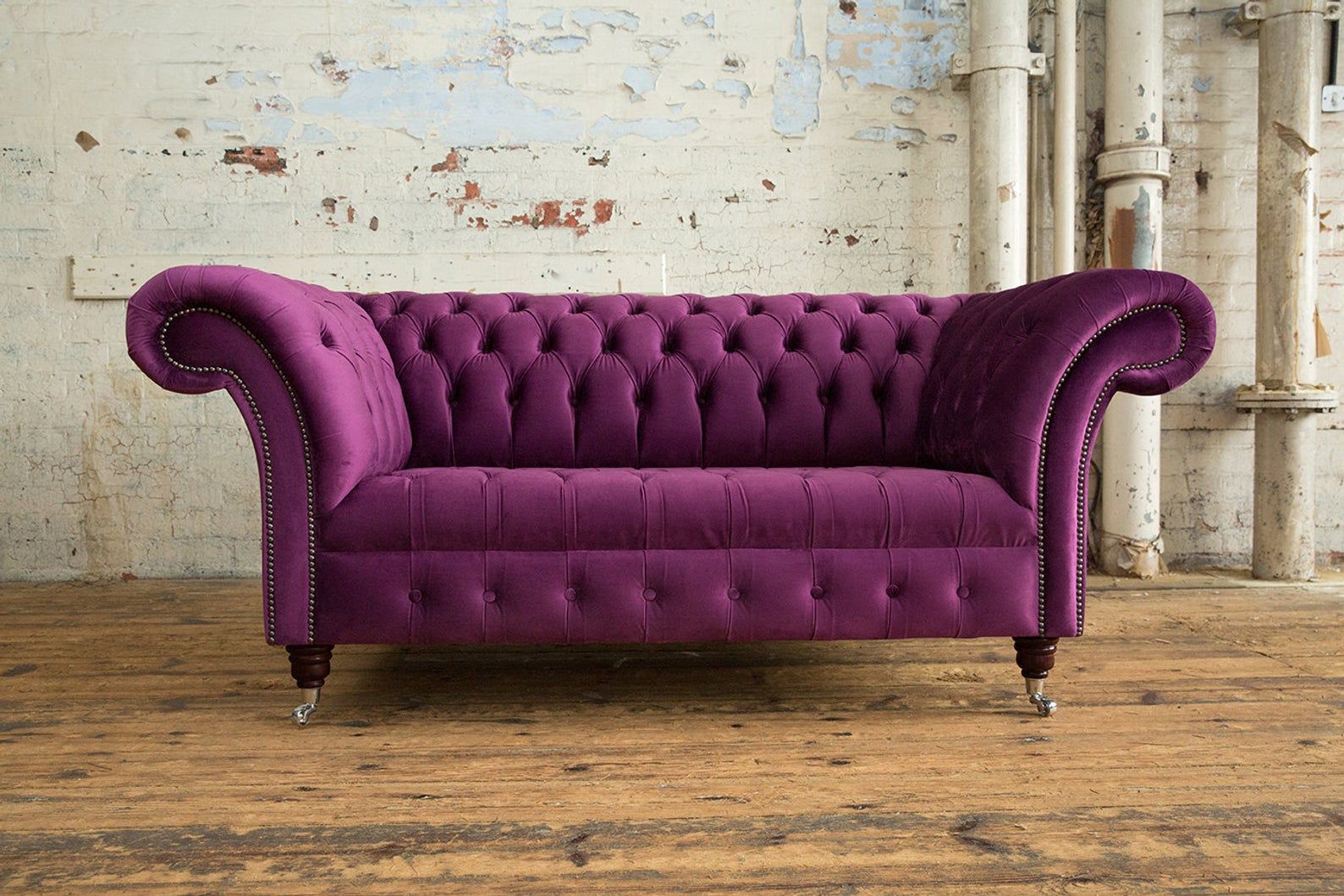 British Handmade Grape Purple Velvet 2 Seater Chesterfield Regarding Scarlett Blue Sofas (View 6 of 15)