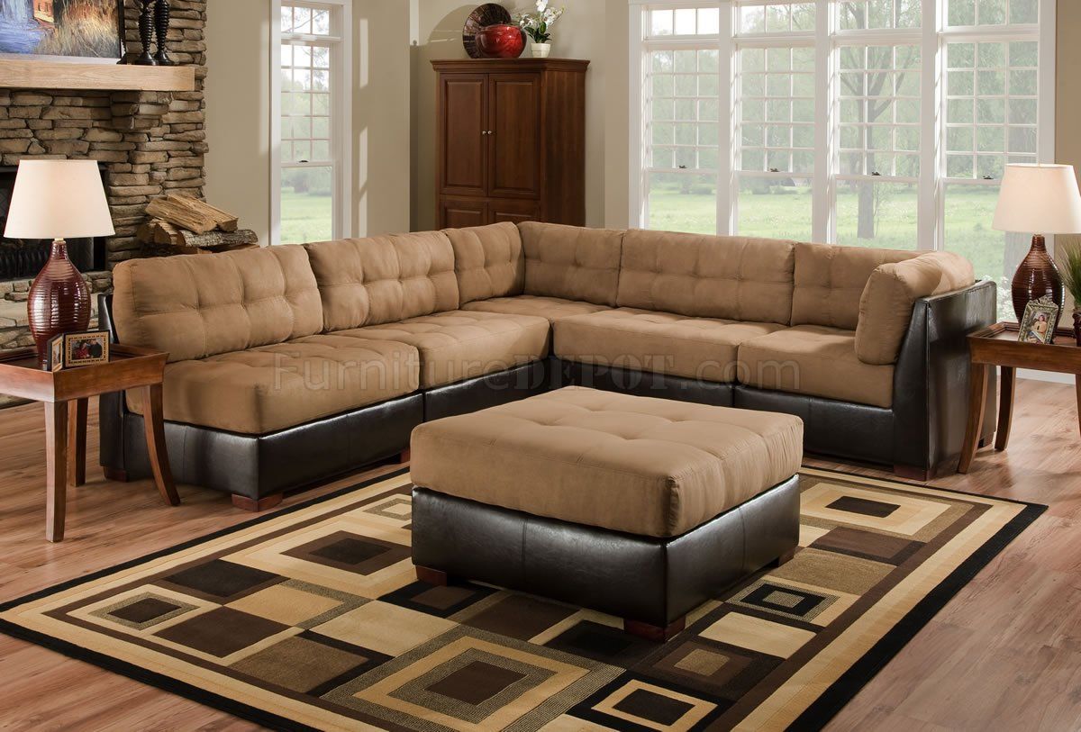 Camel Fabric Sectional Sofa W/Dark Brown Faux Leather Base Intended For 3Pc Faux Leather Sectional Sofas Brown (View 1 of 15)
