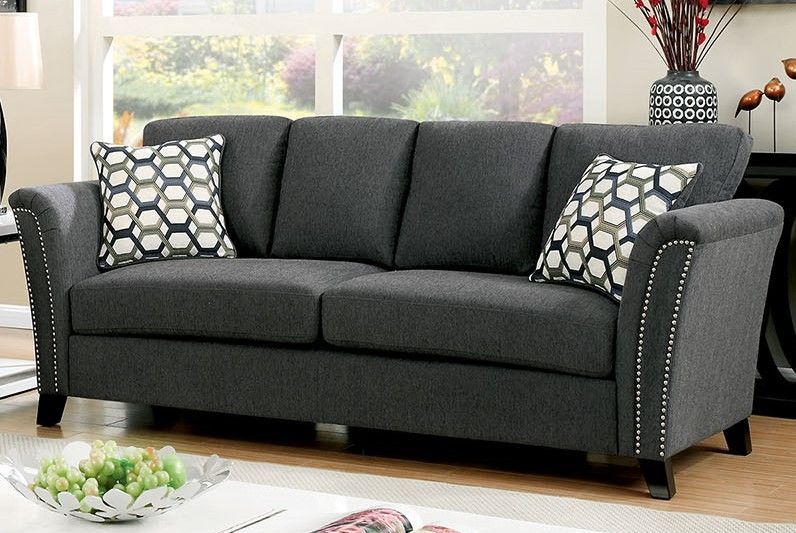 Campbell Contemporary Sofa Upholstered In Gray Fabric With For Radcliff Nailhead Trim Sectional Sofas Gray (View 15 of 15)