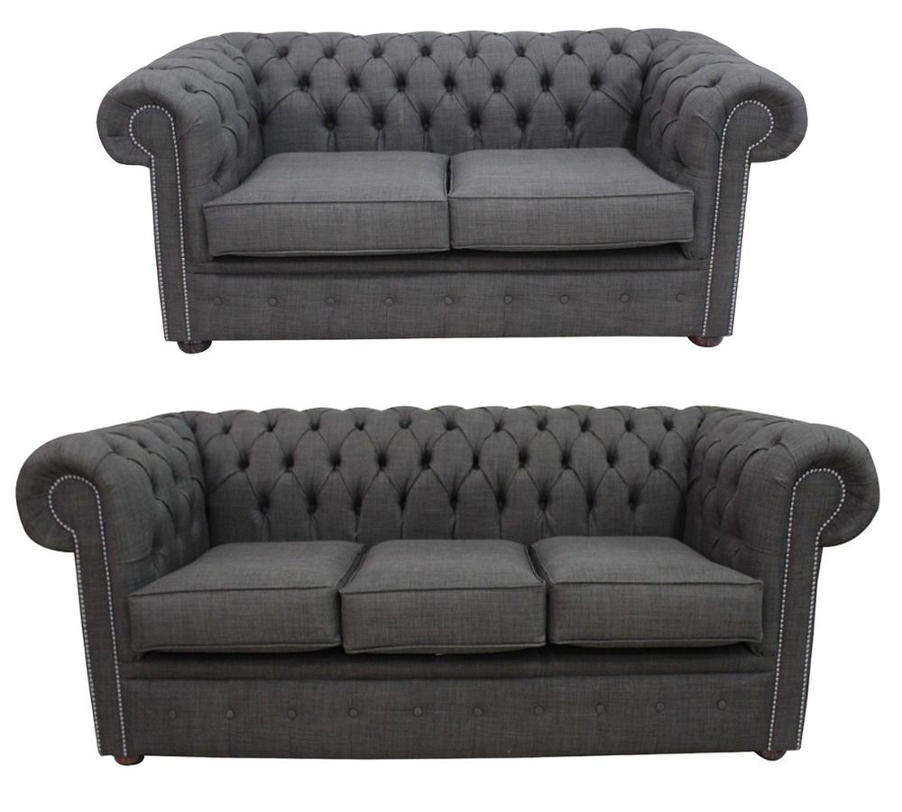 Chesterfield 3 Seater + 2 Seater Suite Charles Linen Inside Charcoal Grey Sofas (View 6 of 15)