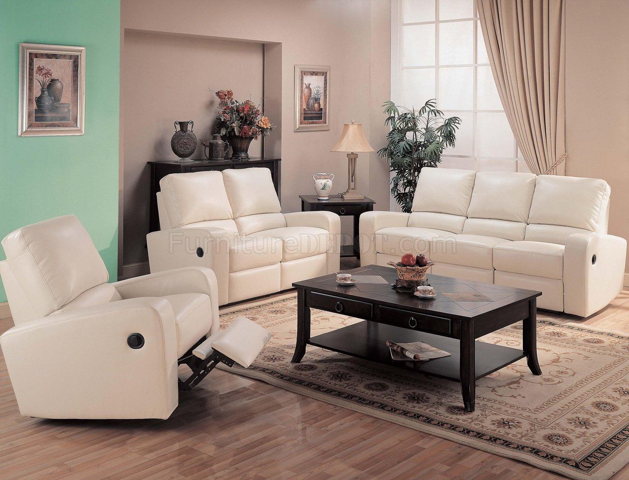 Cream Bonded Leather Modern Reclining Living Room Sofa W Throughout Living Room Sofa Chairs (View 6 of 15)
