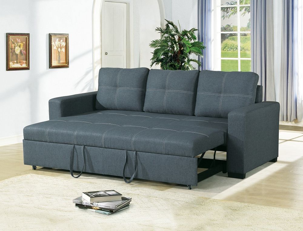Dionisia Blue Grey Linen Like Fabric Convertible Sofa Regarding Convertible Sectional Sofas (View 10 of 15)